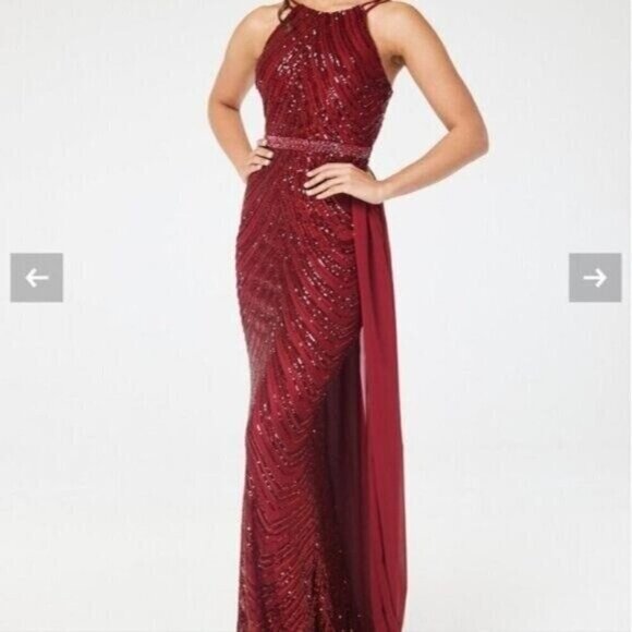 Burgundy,  O Neck, Sleeveless,  Detachable Skirt,  Sequined Mermaid Gown - Picture 3 of 16